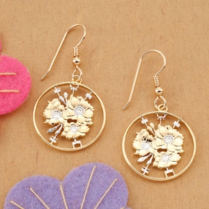 Japanese Cherry Blossom earrings, Japan 100 Yen Coin Hand Cut, 14 Karat Gold and Rhodium plated,14K G/F Wires  7/8&quot; in Diameter, ( # 213E )