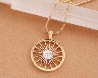 Sunface Pendant and Necklace, Hand Cut Argentina Coin, Astrological Jewelry, Unique Gift Ideas, Coin Jewelry,  7/8" in Diameter, ( #K 3 )