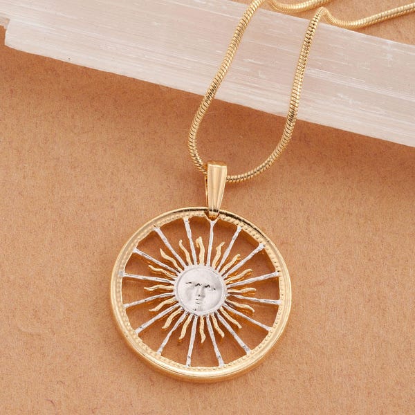 Hand Angeschnittene Argentinien Münze Anhänger: 14K Gold Sunface Halskette
