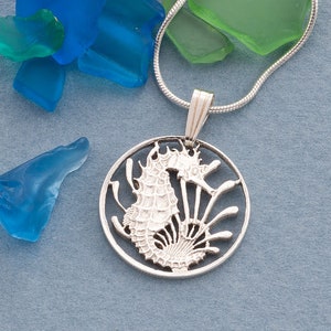 Silver Seahorse Pendant and Necklace, Hand cut Singapore coin pendant, Silver Sea Life Jewelry, Seahorse Jewelry, 5/8&quot; diameter, ( #K 295S )