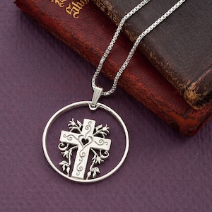 Silver Religious Cross Pendant, Hand cut religious cross medallion, 1 1/4&quot; diameter, ( #X 875S )