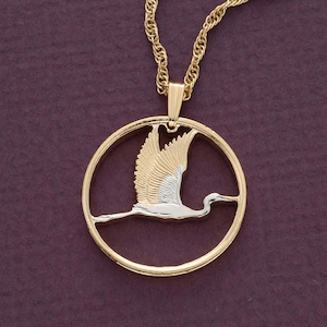 New Zealand Crane Pendant and Necklace, New Zealand Two Dollar Coin hand Cut, 14 Karat Gold and Rhodium plated, 1&quot; in Diameter, ( #R 386 )
