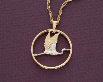 New Zealand Crane Pendant and Necklace, New Zealand Two Dollar Coin hand Cut, 14 Karat Gold and Rhodium plated, 1" in Diameter, ( #R 386 )