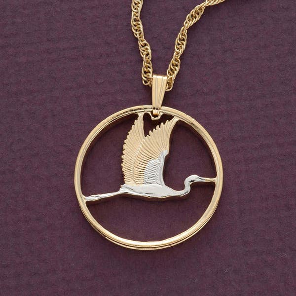New Zealand Crane Pendant and Necklace, New Zealand Two Dollar Coin hand Cut, 14 Karat Gold and Rhodium plated, 1" in Diameter, ( #R 386 )