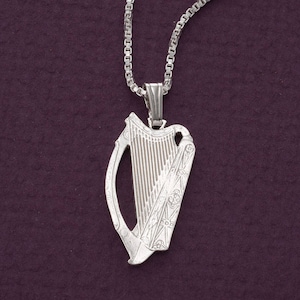 Sterling Silver Irish Harp Pendant and Necklace, Hand Cut Irish Harp Coin, Ireland Coin Jewelry, 1&quot; in Diameter, ( #X 418BS )