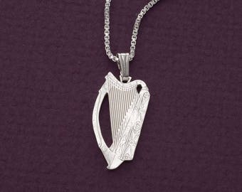 Sterling Silver Irish Harp Pendant and Necklace, Hand Cut Irish Harp Coin, Ireland Coin Jewelry, 1" in Diameter, ( #X 418BS )