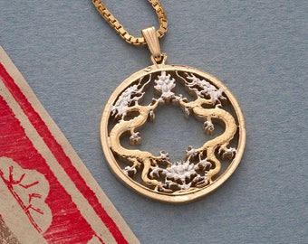 Dragon Pendant and Necklace Jewelry, Bhutan Dragon Coin Hand Cut, 14 Karat Gold and Rhodium plated, 1&quot; in Diameter ( # X 568 )