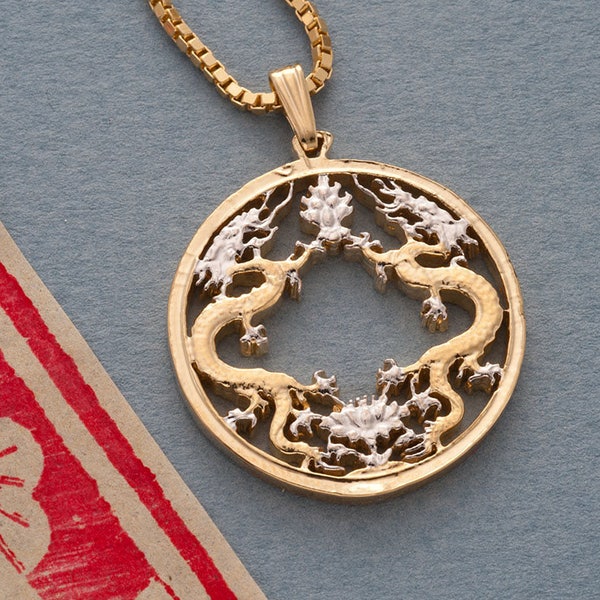 Dragon Pendant and Necklace Jewelry, Bhutan Dragon Coin Hand Cut, 14 Karat Gold and Rhodium plated, 1" in Diameter ( # X 568 )