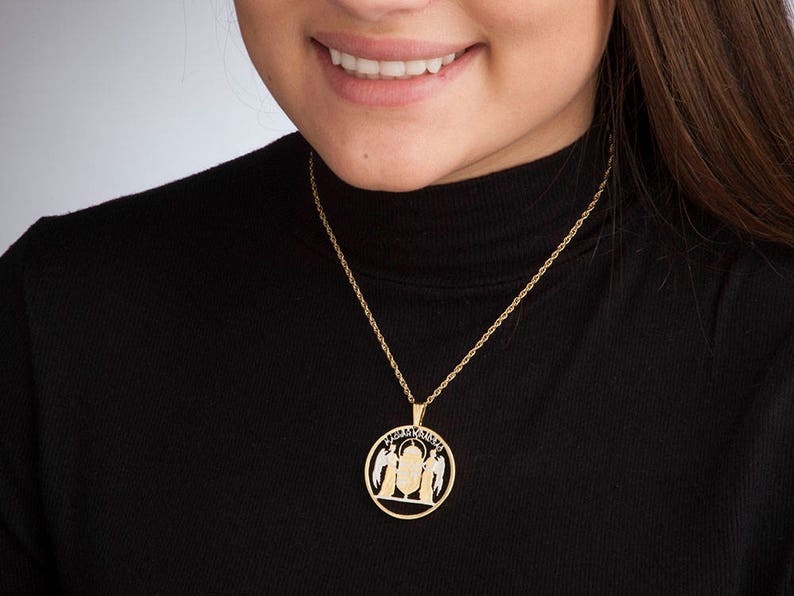 Hungarain Pendant and Necklace Hungarian 5 Pengo St Stevens Coin hand Cut # 807 14 Karat Gold and Rhodium Plated 1 38 in Diameter