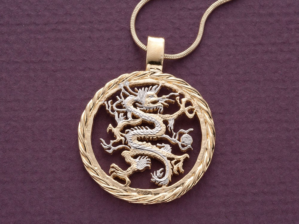Dragon pendant and Necklace Jewelry Liberia 5 Dollar Dragon Coin hand Cut 14 K and Rhodium Plated 1 1 8 in Diameter K 717
