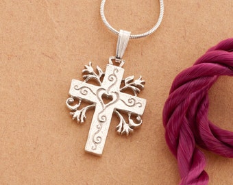 Sterling Silver Cross Pendant with Heart & Flowers - Religious Necklace