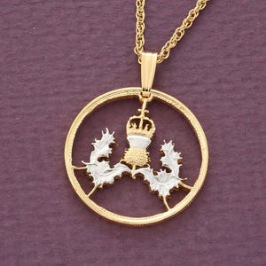 Scottish Thistle Pendant and Necklace, British 5 Pence (Scottish Issue ) Coin Hand Cut,14 K and Rhodium plated, 7/8&quot; in Diameter, ( #R 137)