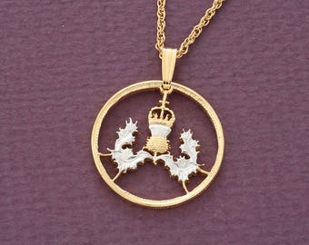 Scottish Thistle Coin Pendant: 14K Gold & Rhodium Plated Necklace
