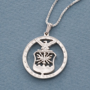 Sterling Silver Air Force Pendant, Hand cut Air Force challenge coin pendant, Air Force Jewelry, 1&quot; in diameter, ( #X 754S )
