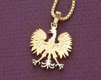 Polish Eagle Pendant and Necklace, Poland 10 Zloty Coin hand Cut, 14 Karat Gold and Rhodium plated, 7/8" in Diameter ( # X 256 )