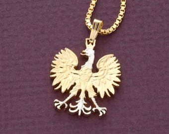 Polish Eagle Pendant and Necklace, Poland 10 Zloty Coin hand Cut, 14 Karat Gold and Rhodium plated, 7/8&quot; in Diameter ( # X 256 )
