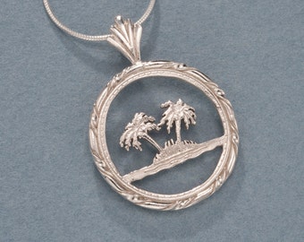 Sterling Silver Palm Tree Pendant, Hand Cut Oman Palm Tree Coin, Sterling Silver Palm Tree Jewelry, 1" in Diameter, ( #K 884S )
