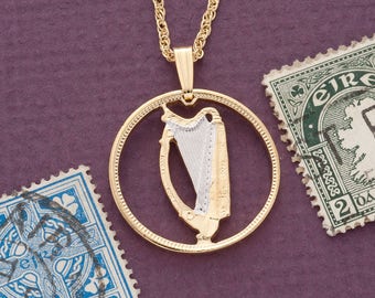 Pendentif et collier de harpe irlandaise, Irlande trois Pence Harp Coin Hand Cut, 14 Karat Gold and Rhodium Plaqué, 3/4"de diamètre, ( #R 164 )