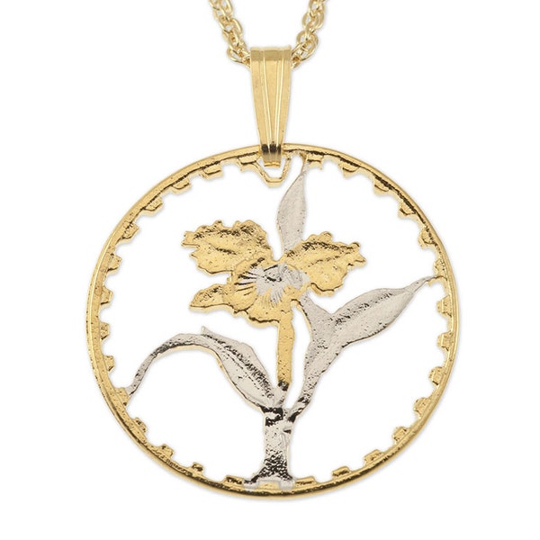 Orchid Pendant and Necklace, Taiwan Coin Hand Cut, 14 Karat Gold and Rhodium Plated, .80 " in Diameter, ( # R74 )