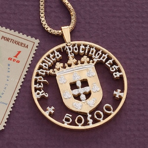 Portuguese Pendant and Necklace, Portugal 50 Escudues Coin Hand cut, 14 Karat Gold and Rhodium plated,1 1/4 &quot; in Diameter, ( # X 782 )