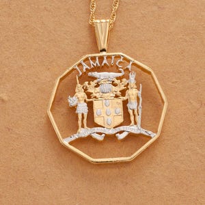 Jamaican Pendant and Necklace, Jamaican hand Cut Coin, Jamaican Coin Jewelry, Jamaican Jewelry 1 1/4 &quot; in Diameter, ( # R 928 )