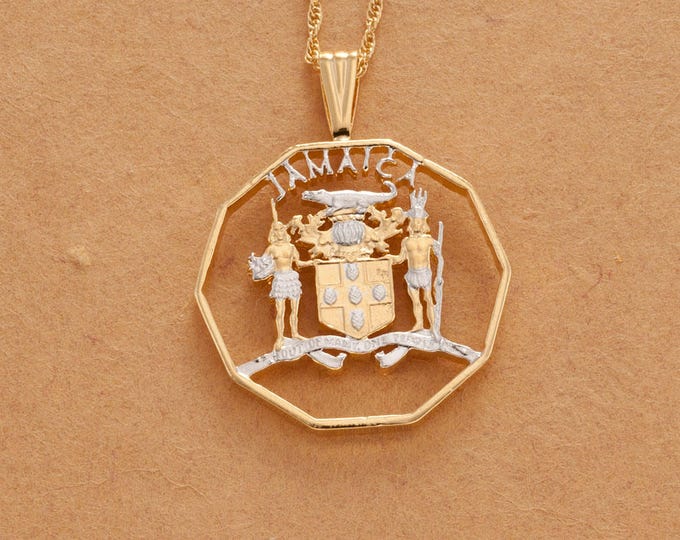 Hand Cut Jamaican Coin Pendant, 14K Gold Plated Necklace (R 928)