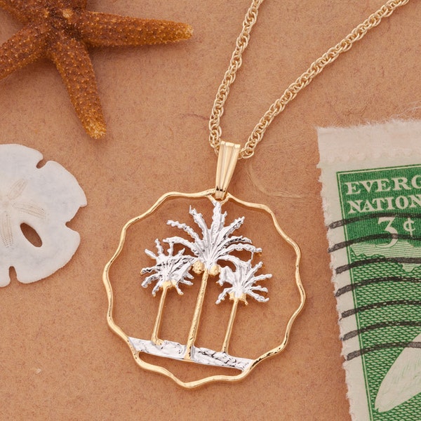 Palm Trees Pendant & necklace, Hand Pierced Iraq Coin ( #R 433 )