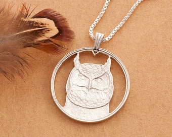Hand Cut Sterling Silver Owl Pendant Necklace: Canadian Coin Jewelry