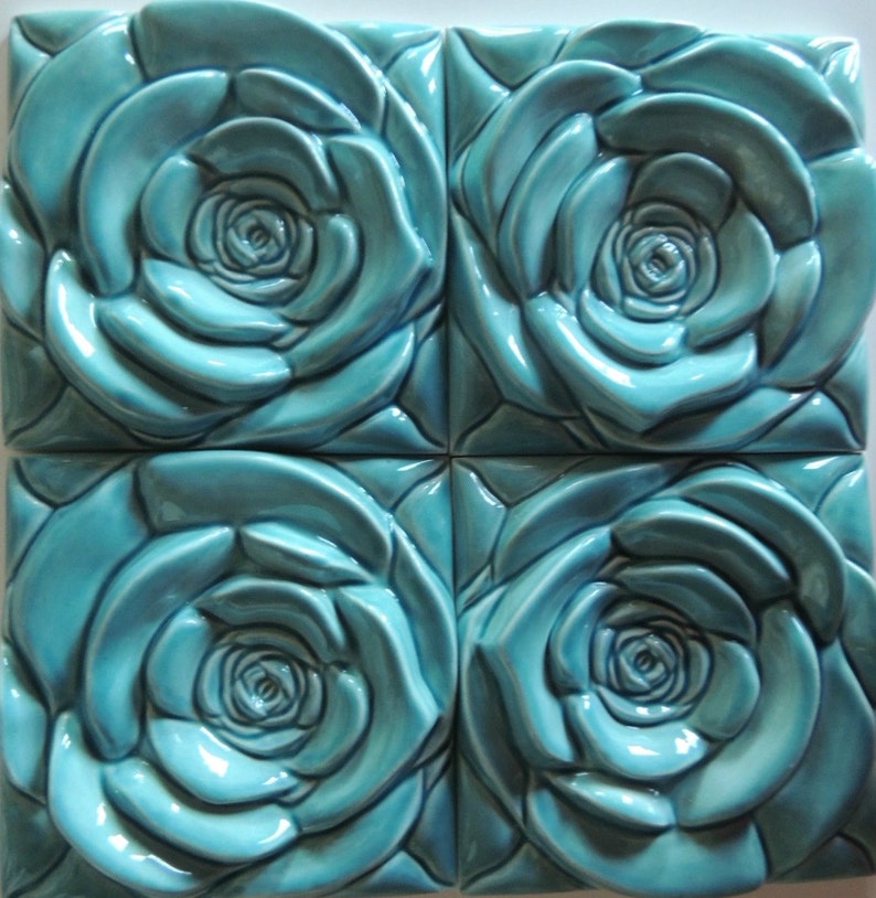Turquoise Rose Rose Tile Wall Art Etsy