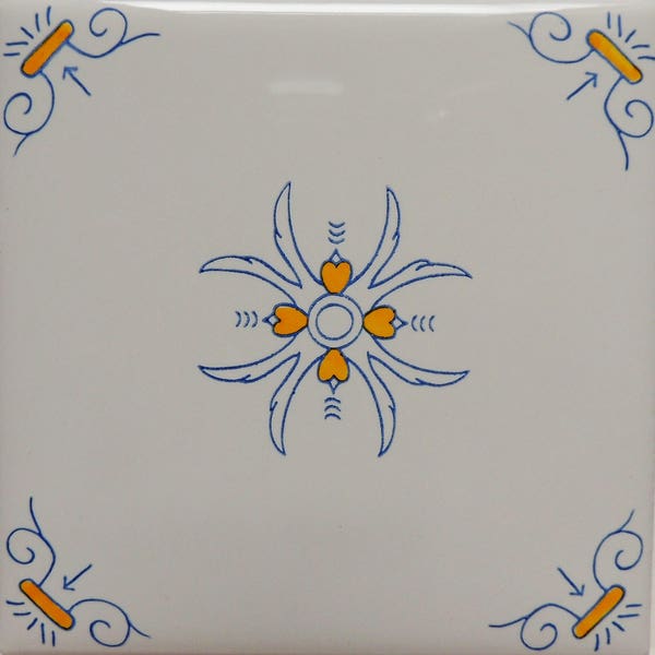 Delft Style oxen Corner with Center Heart Flower in blue and Yellow