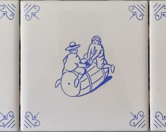Delft Blue and White Historic Delft Style Decorative wall tiles with Ram Corners Children Playing.
