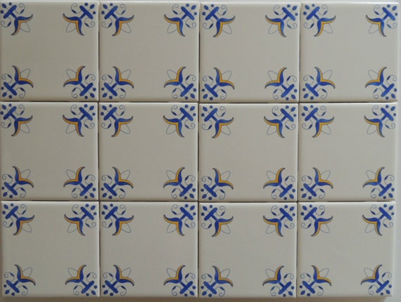 DELFT STYLE BLUE AND WHITE TILES LILLY CORNERS WITH YELLOW,KITCHEN BACKSPLASH 