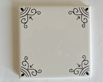 White Tiles with Black Ox Tail Design