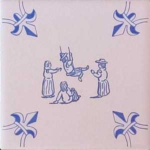 May include: Square ceramic tile with a light pink background and a blue illustration. The illustration depicts figures playing, with one person swinging. Blue floral designs are in each corner.