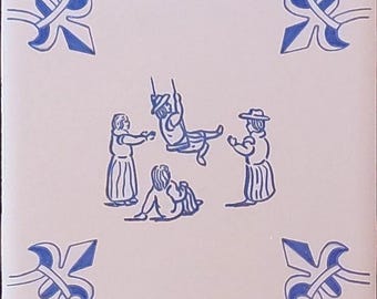 Delft Style Blue & White Fleur-de-lis Corner Tiles with Children Playing