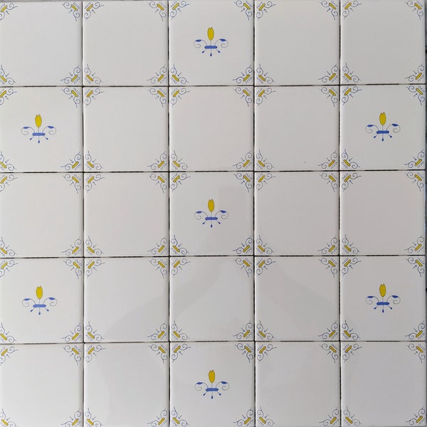 60 Diagonal center Tulip. Blue, White, and Yellow Delft Style Dutch Kitchen Tiles