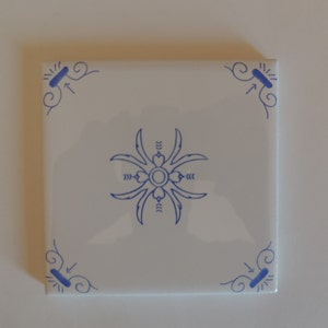 Oxen Blue and White Tile with Center Flower Design Corner Motif Decoration Delft Style