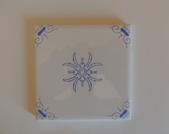 Oxen Blue and White Tile with Center Flower Design Corner Motif Decoration Delft Style