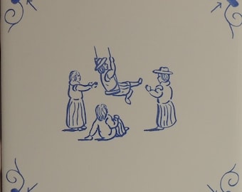 Delft Style Blue & White Oxen Corner Tiles with Children Playing