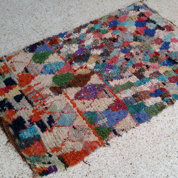 73"X49" Vintage Moroccan rug woven using different scraps of used textiles / boucherouite / boucherouette