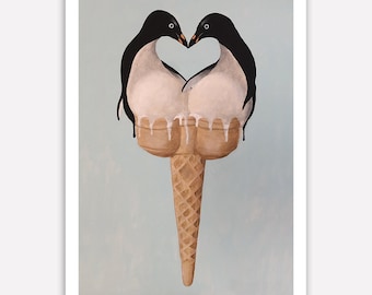 Penguins Love icecream, valentines gift, wedding gift, penguin portrait, original art print for penguin lovers by Coco de Paris
