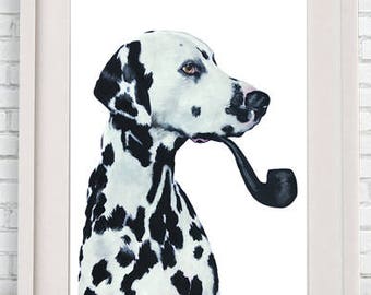 Dalmatian Print, dalmatian Illustration Art Poster Acrylic Painting Kids Decor, black and white, dog Gift, dalmatian with pipe