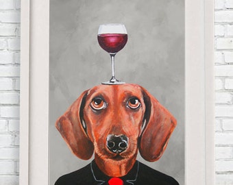 Dachshund Print, Dachshund Illustration Art Poster Acrylic Painting Kids Decor Drawing Gift, Dog with wineglass