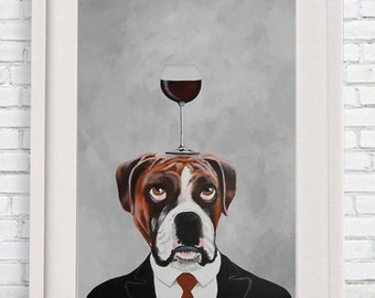 Boxer Print, Boxer Illustration Art Poster Acrylic Painting Kids Decor Drawing Gift, Dog with wineglass