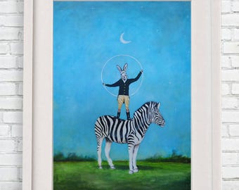 Whymsical Zebra Print, Rabbit Print, Rabbit with zebra, zebra poster, rabbit poster, whymsical poster, whymsical artwork, Coco de Paris