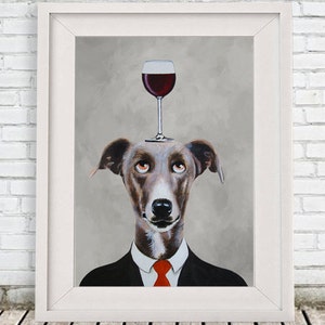 Greyhound Print, Greyhound Illustration Art Poster Acrylic Painting Kids Decor Drawing Gift, Dog with wineglass image 3