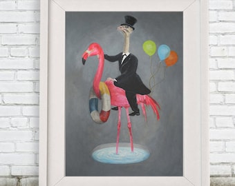 Flamingo Print, ostrich print, Pink, Holiday gift, printed version of original painting of Coco de P: Flamingo with ostrich