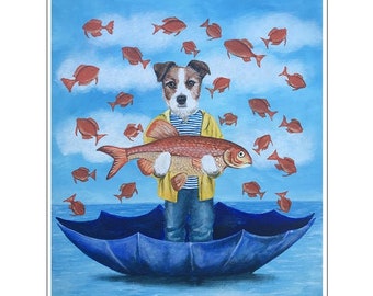 Jack Russell with big fish, original Jack Russell Terrier print for wall decoration or birthday gift.