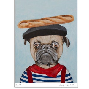 French Pug with French bread, original bulldog deco or frenchie anniversary gift by Coco de Paris