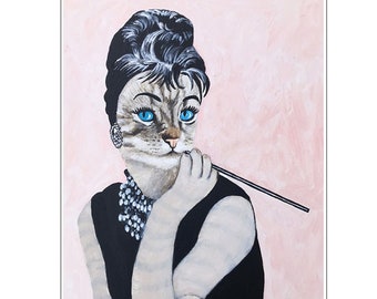 Cat Audrey Hepburn print, original Hollywood idea for wall decoration or birthday gift.